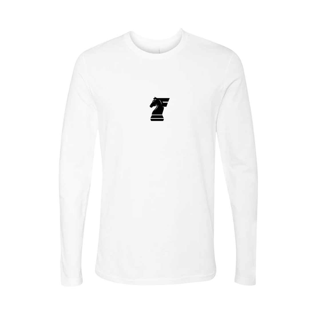 White long-sleeve shirt with a black logo on a white background