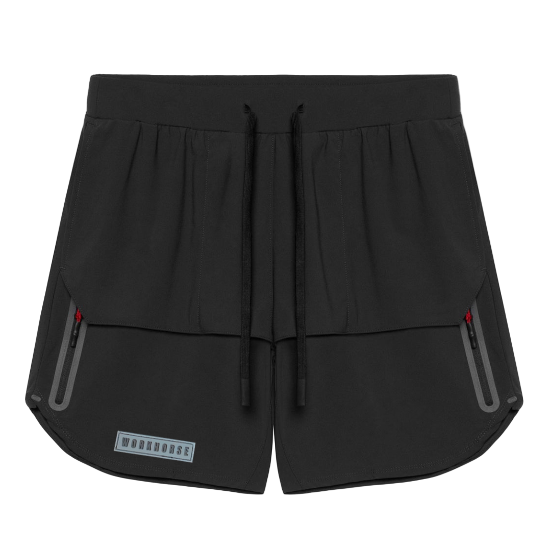 Black shorts with gray zippers on a white background