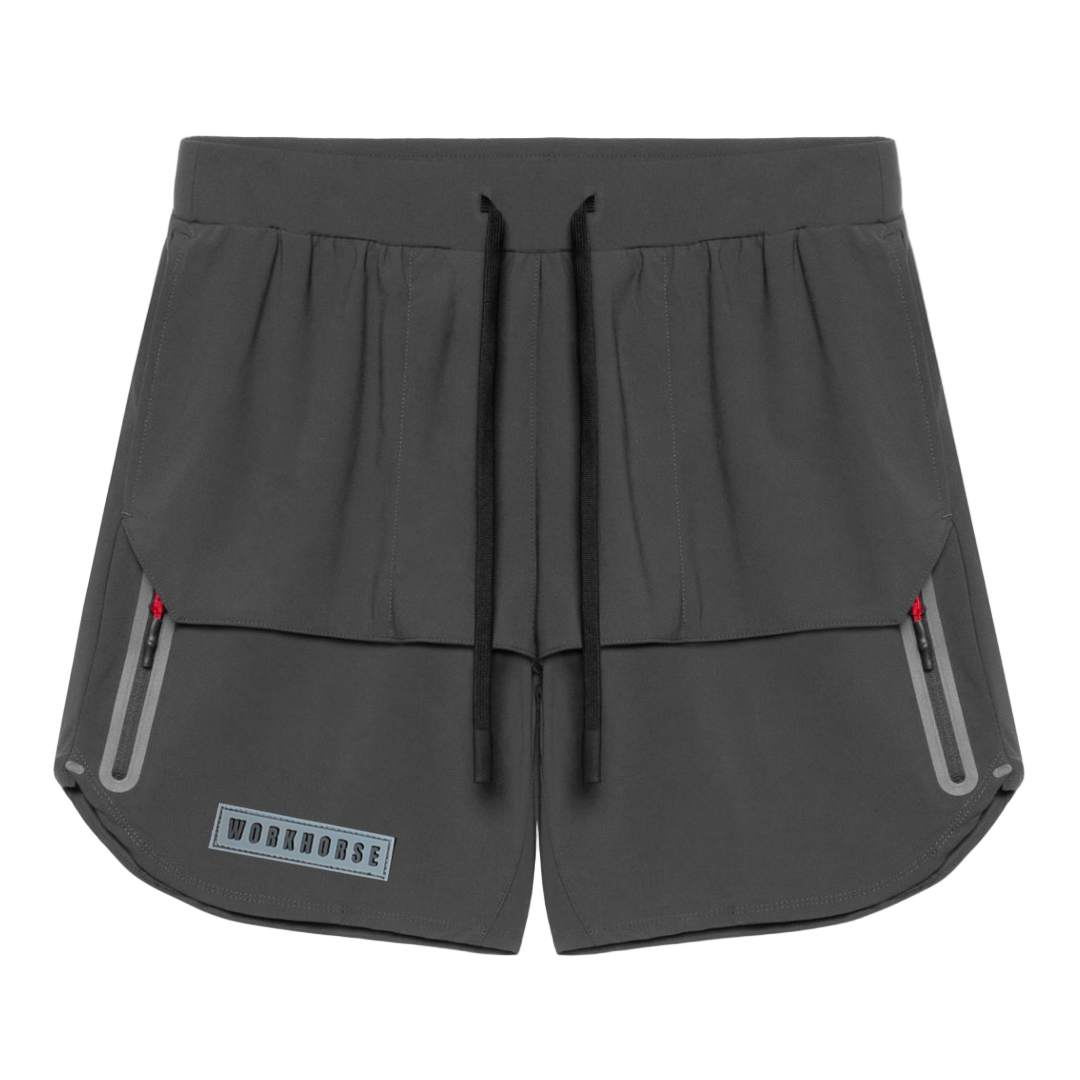 Gray shorts with zippers and drawstrings on a white background