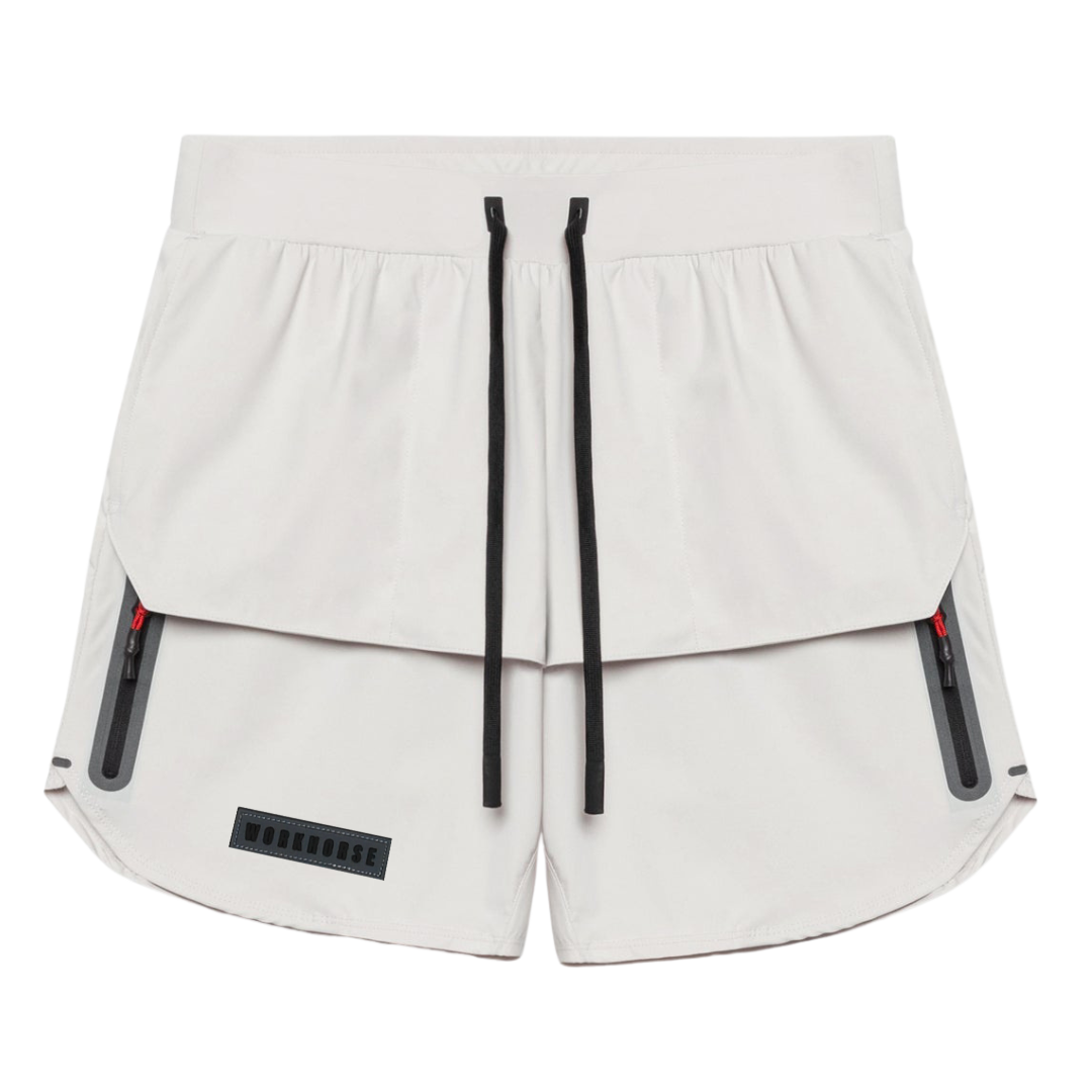 Light gray shorts with black drawstrings and red accents on a white background