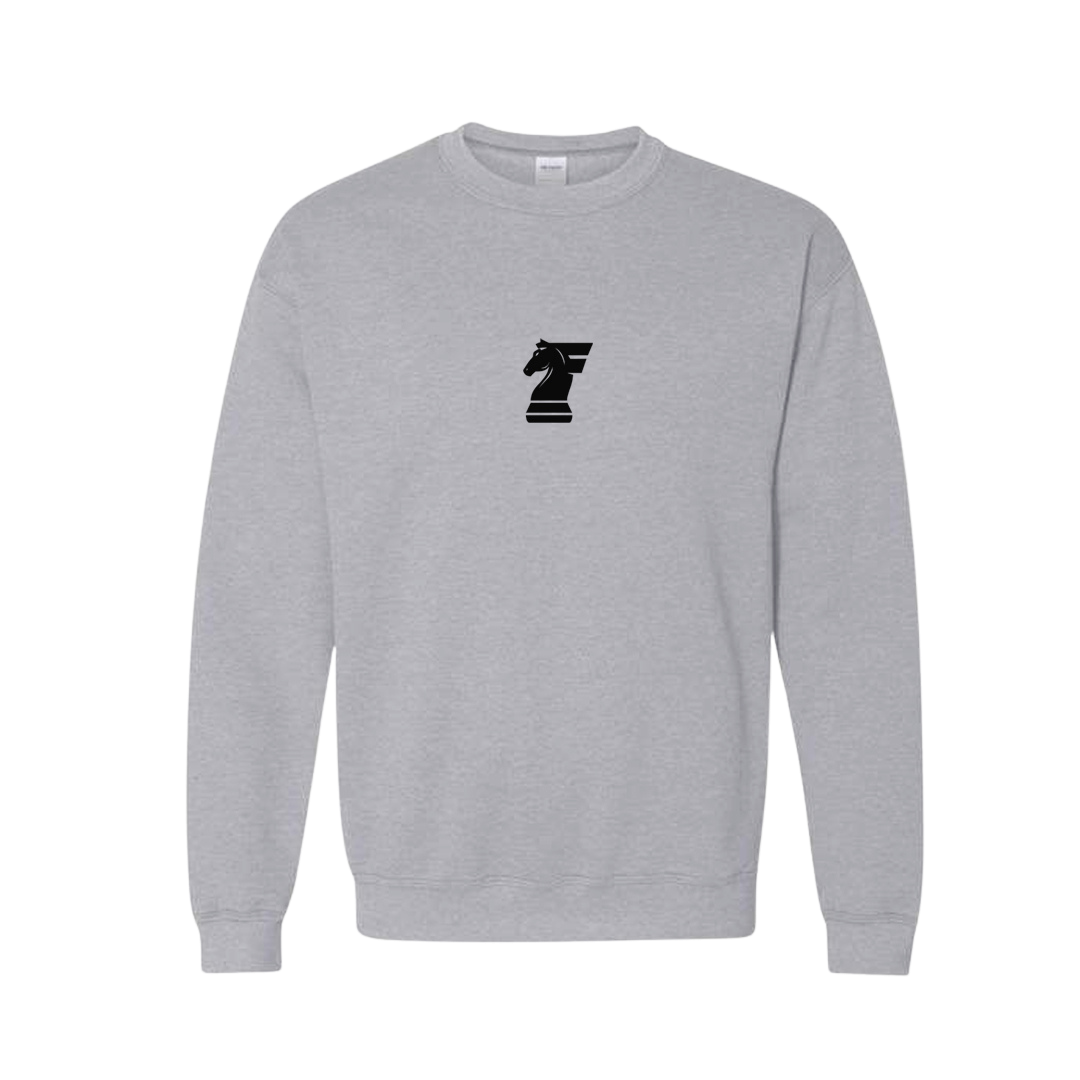 Gray sweatshirt with a black logo on a white background