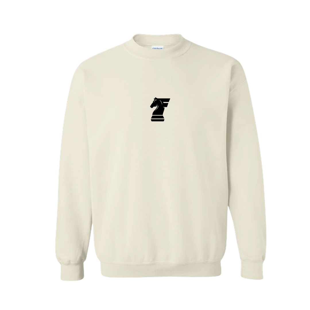 Beige sweatshirt with a black logo on a white background