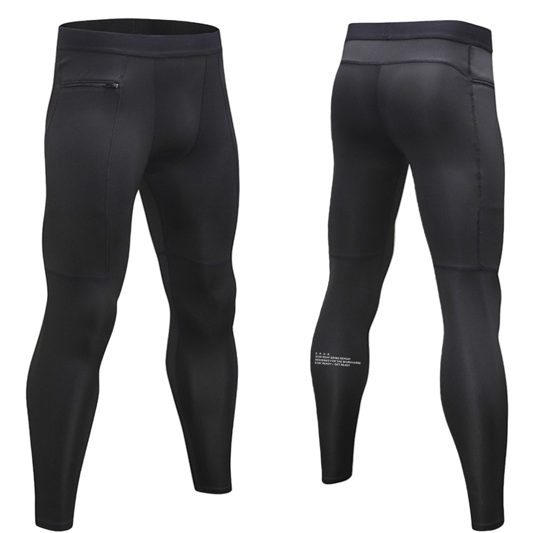 Black compression leggings shown from front and back on a white background