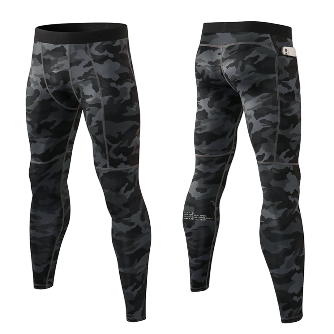 Black and gray camouflage leggings on a white background