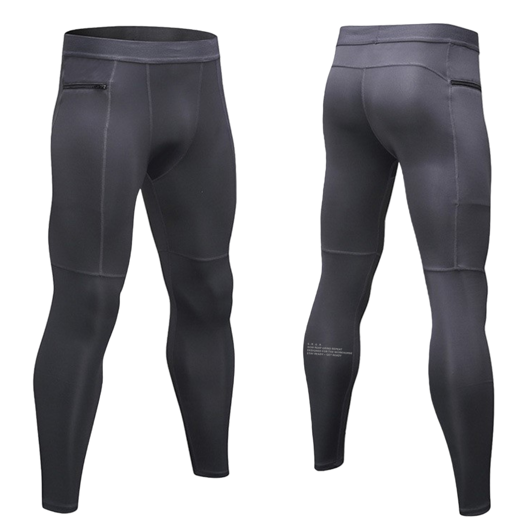 Gray compression leggings shown from front and back on a white background