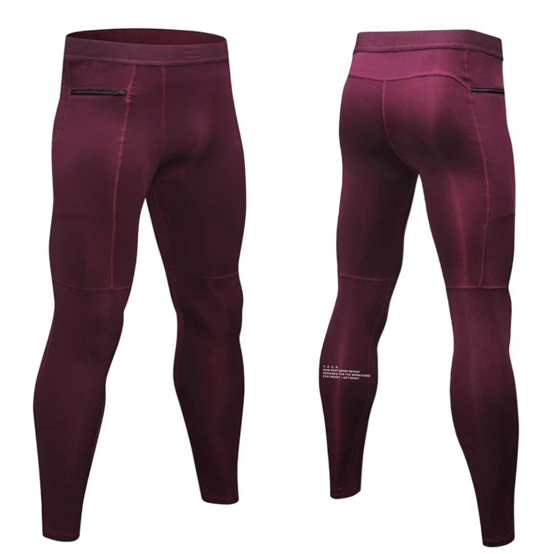 Maroon compression leggings shown from front and side views on a white background