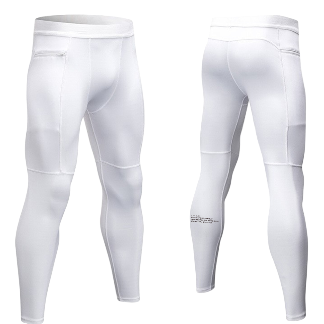 White compression leggings shown from front and back on a white background