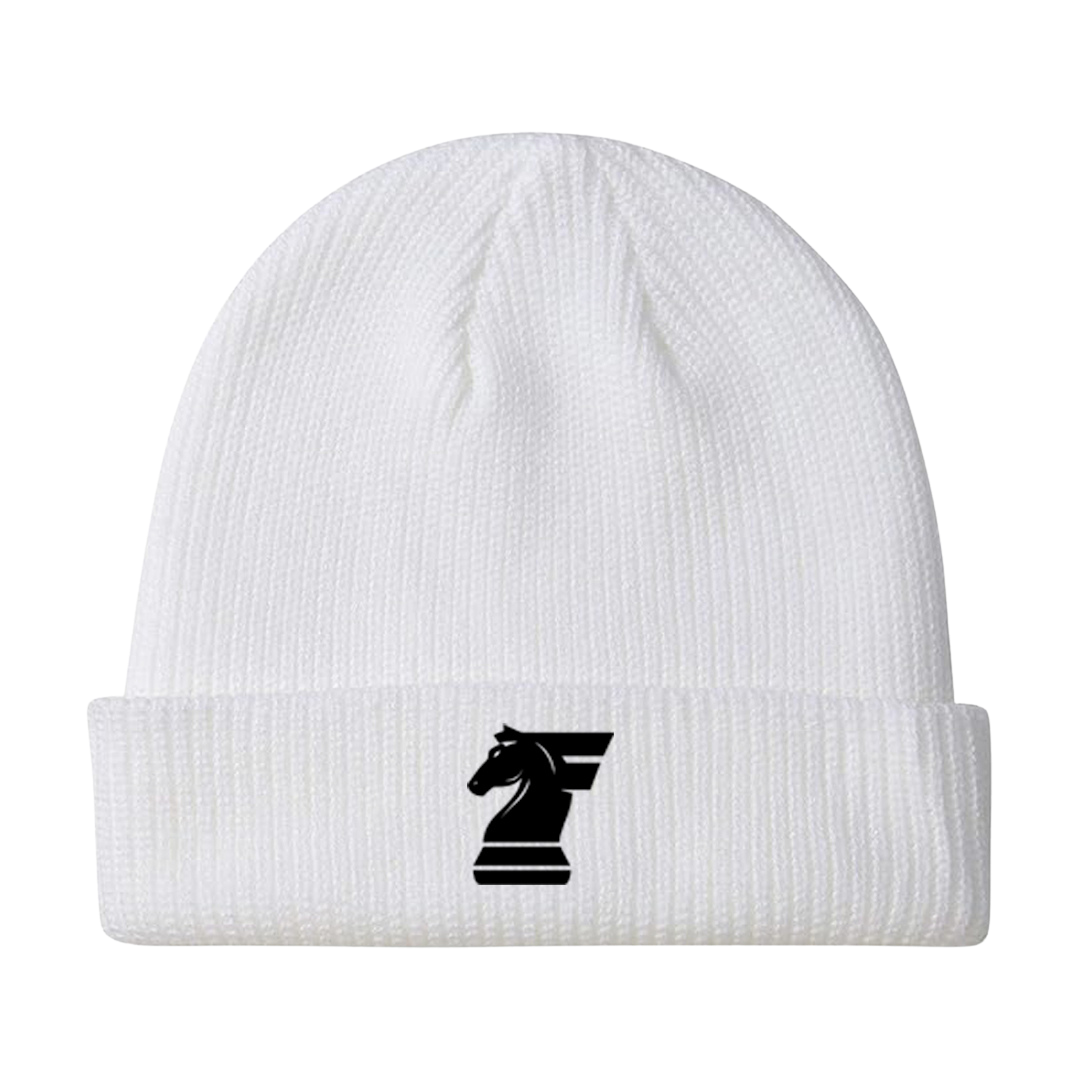 White beanie with a black logo on a white background