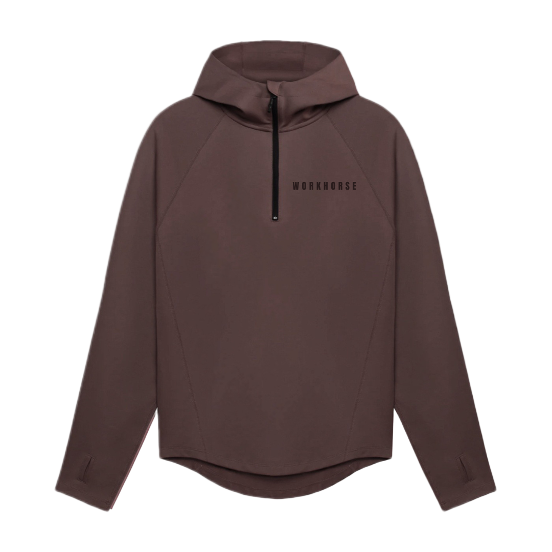Brown hoodie with a brand logo on a white background