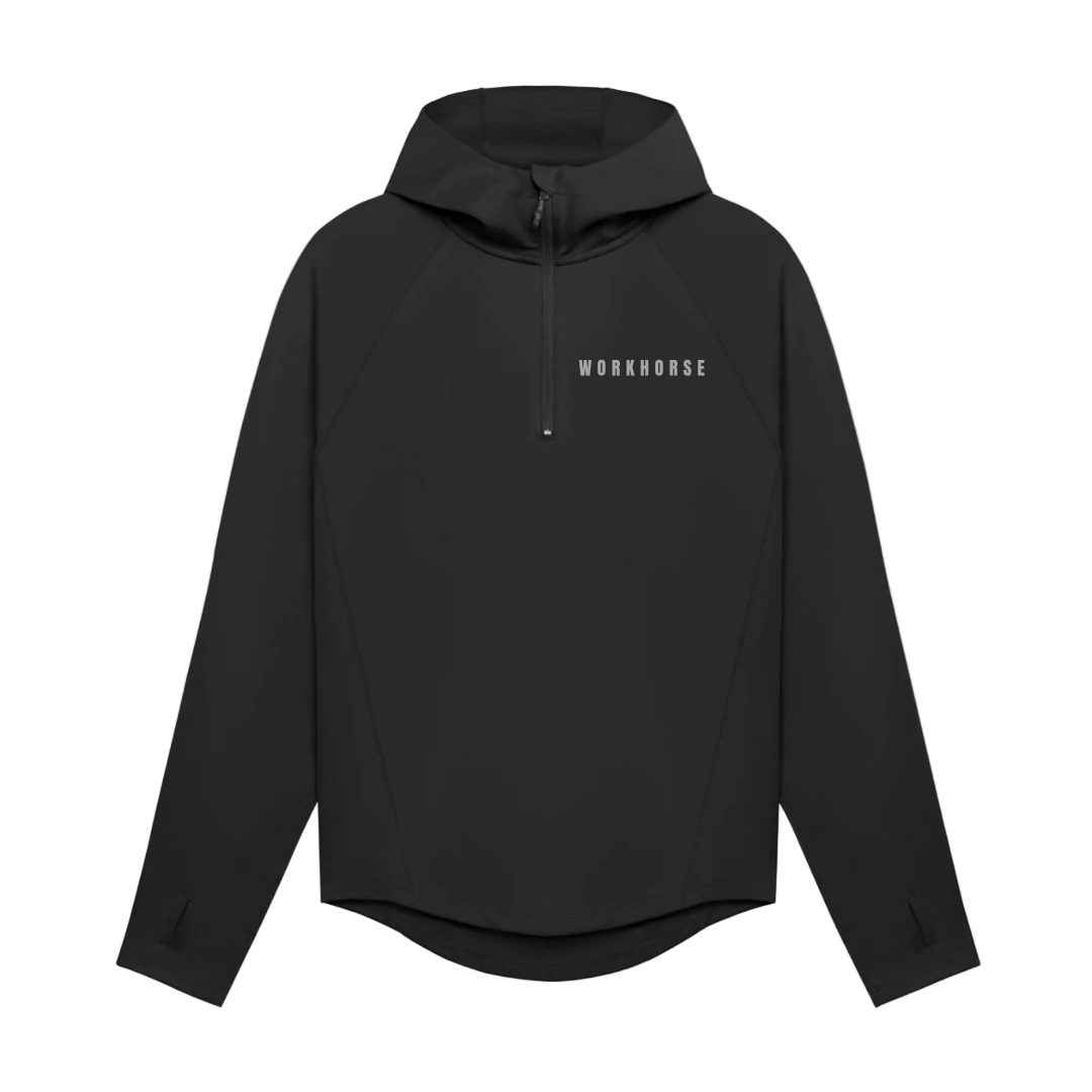 Black hoodie with 'WORKHOUSE' logo on a white background