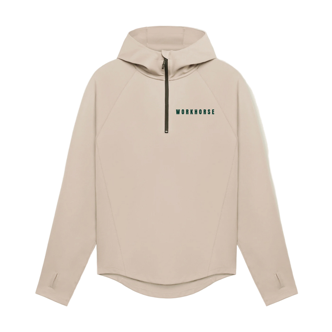 Beige hoodie with 'Workhorse' logo on a white background