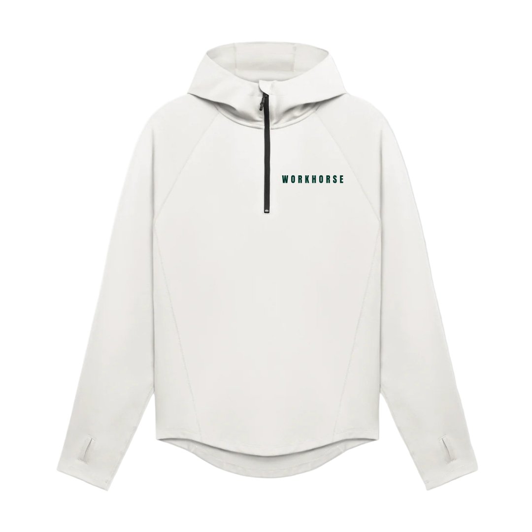 White hoodie with a brand logo on a white background