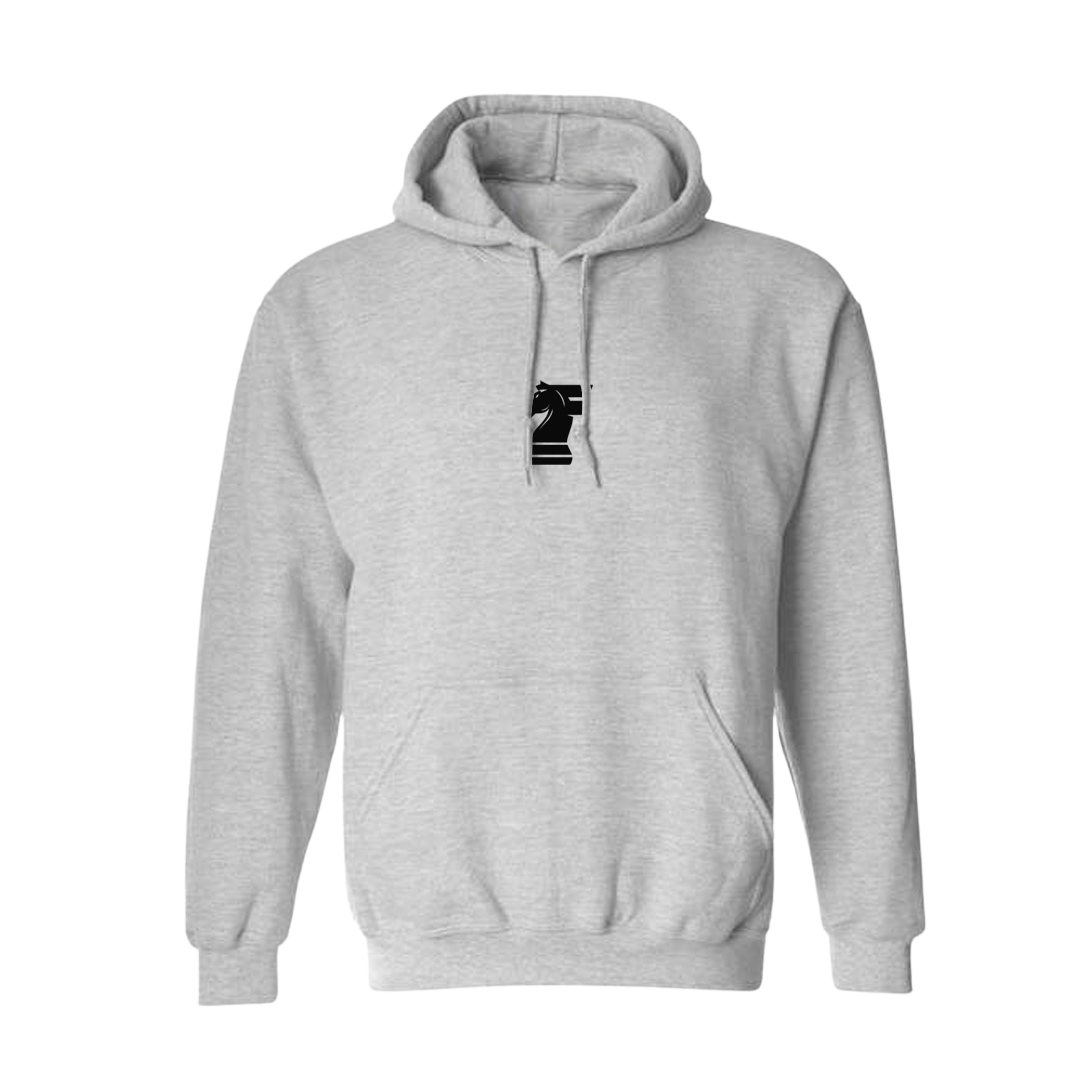 Gray hoodie with a black and white logo on a white background