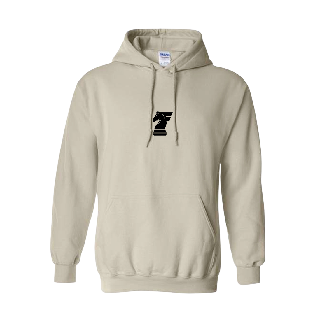 Beige hoodie with a black logo on a white background