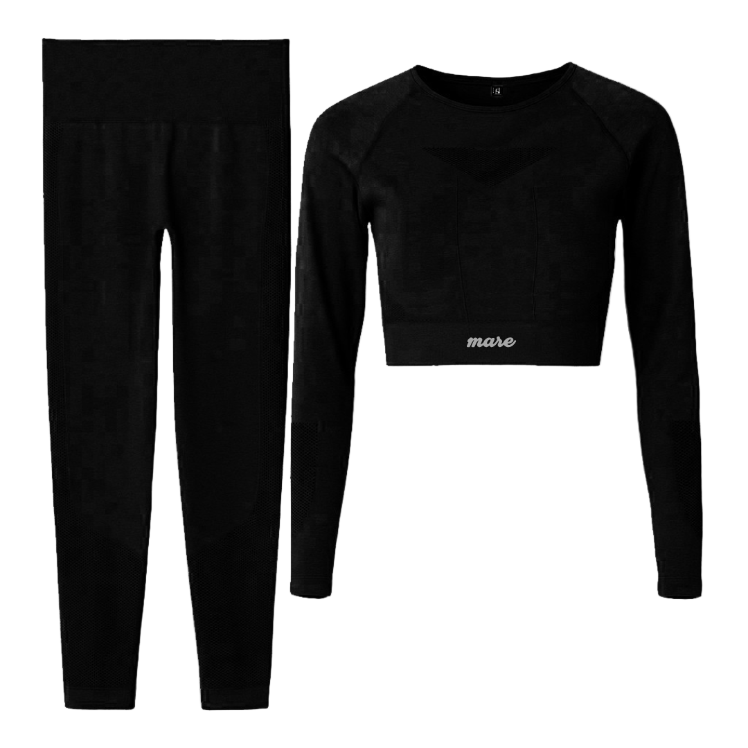 Black long-sleeve crop top and leggings set with 'mase' branding on a white background