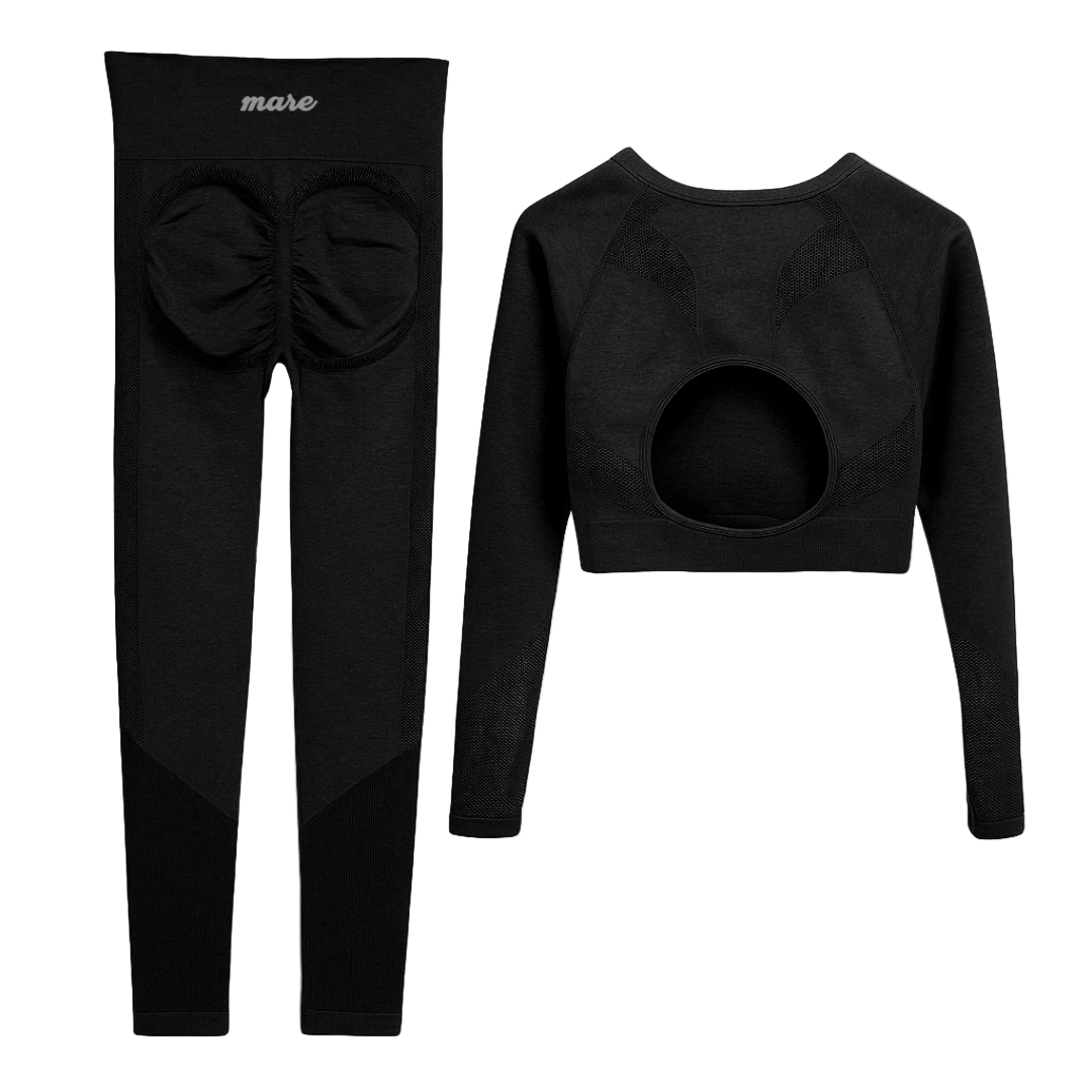 Black long-sleeve top and leggings set with 'mare' branding on a white background