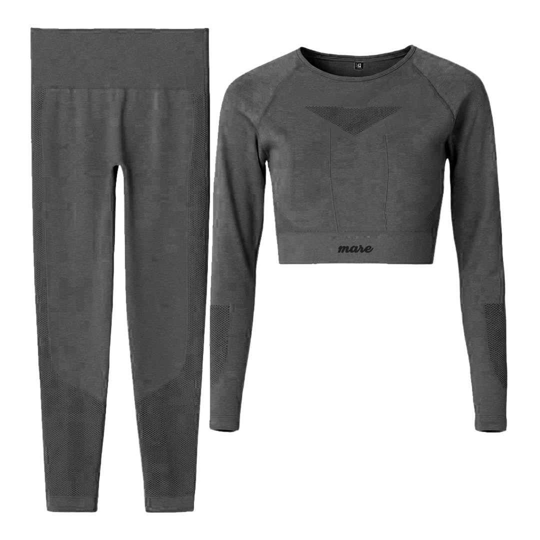 Gray long-sleeve crop top and leggings set with 'maro' branding on a white background