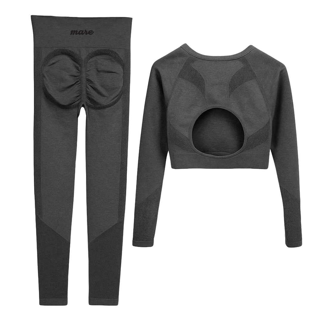 Gray wetsuit top and pants with 'mare' branding on a white background