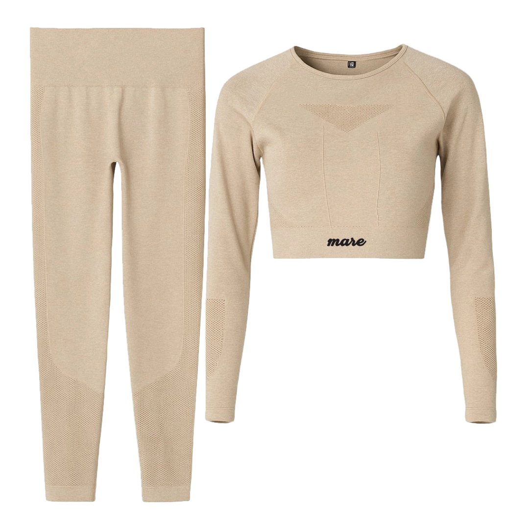 Beige long-sleeve crop top and leggings set with 'mase' branding on a white background