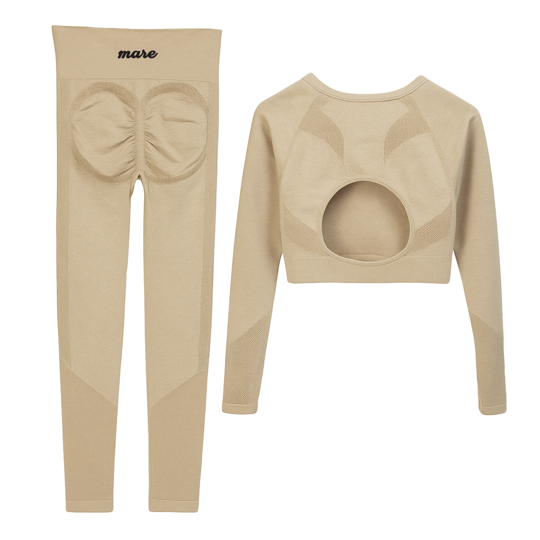 Beige long-sleeve top and leggings set with 'mare' branding on a white background