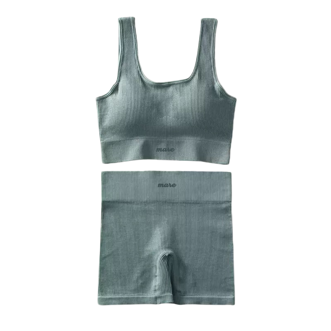 Artic ribbed sports bra and shorts set on a white background