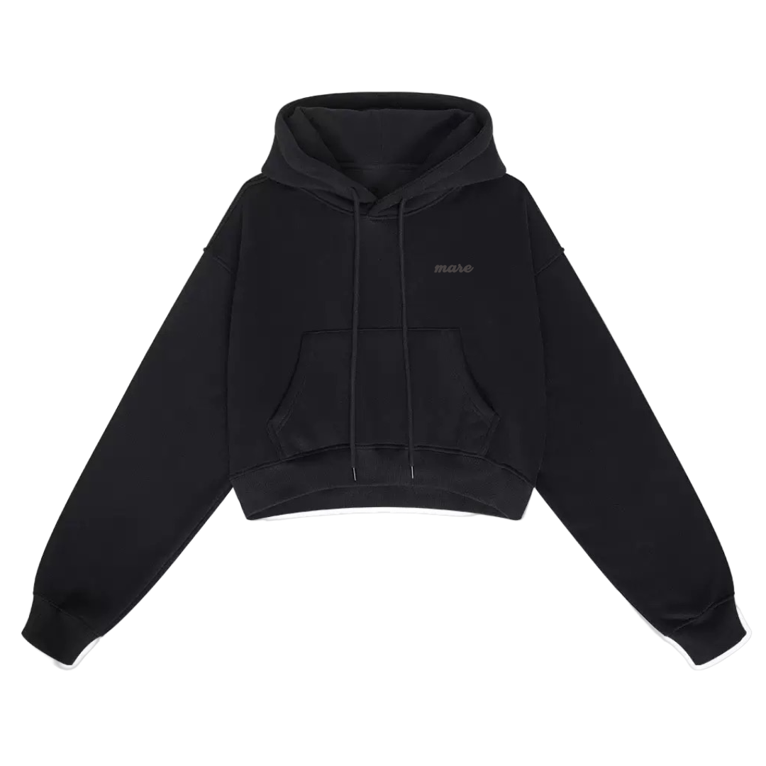 Black hoodie with a brand logo on a white background