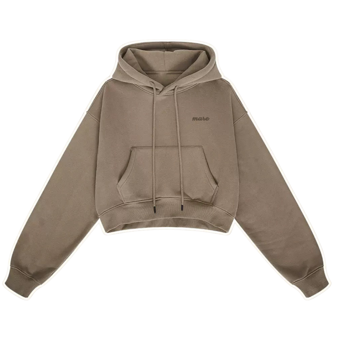 Brown hoodie with mare logo on a white background