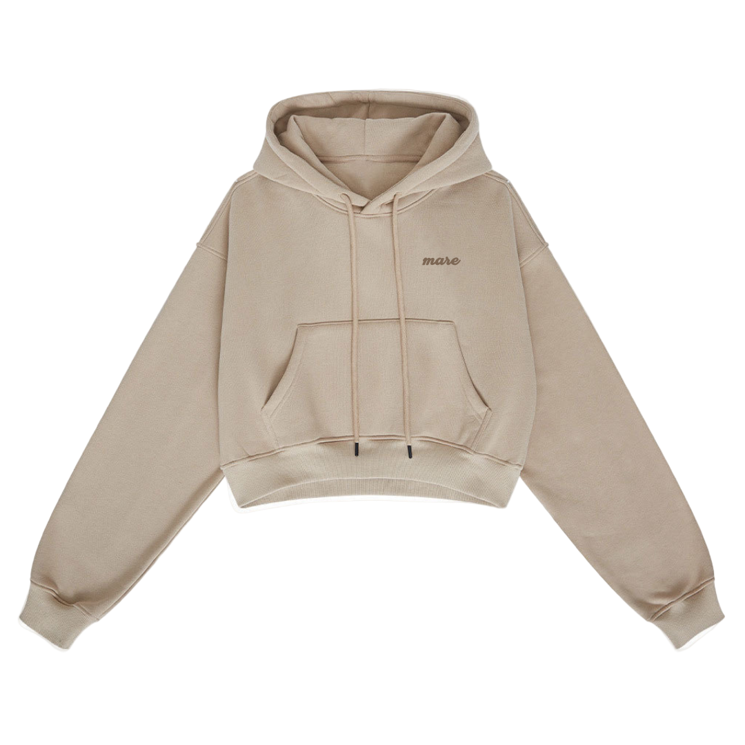 Beige hoodie with 'mase' branding on a white background