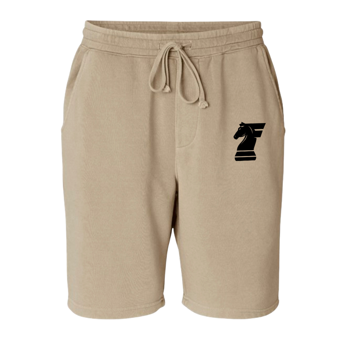 Beige shorts with a black logo on a white background