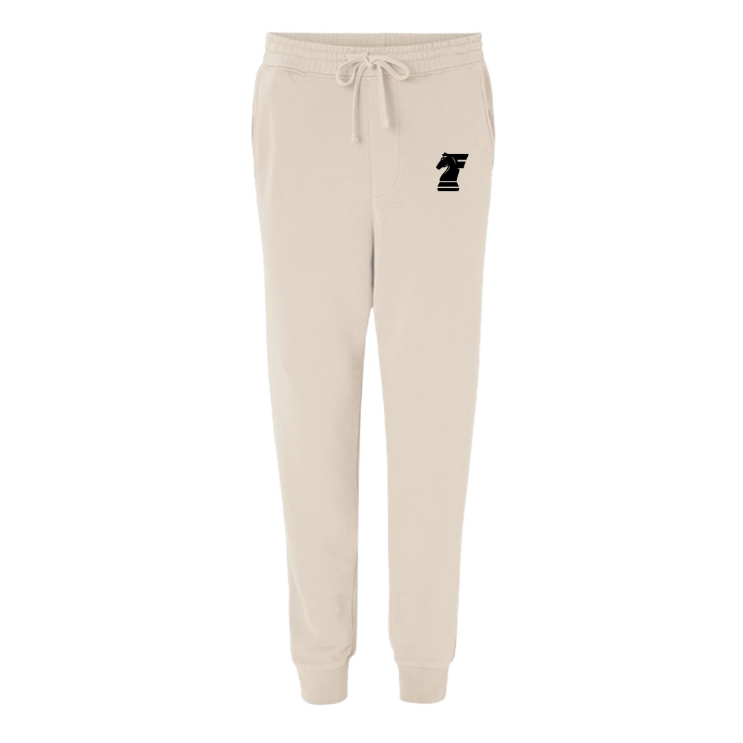 Beige sweatpants with a black logo on a white background