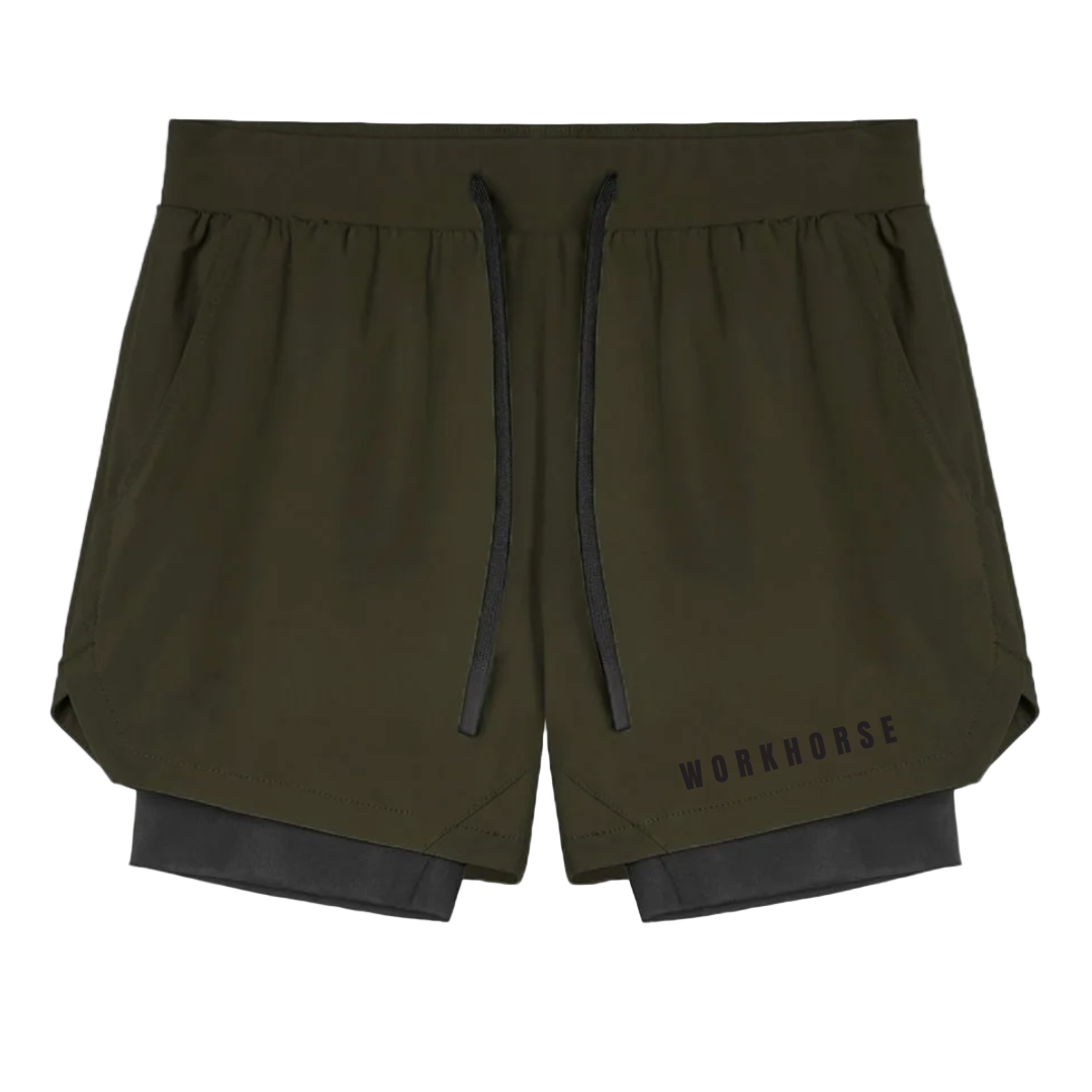 Green shorts with a black drawstring and 'WORKHOUSE' branding on a white background