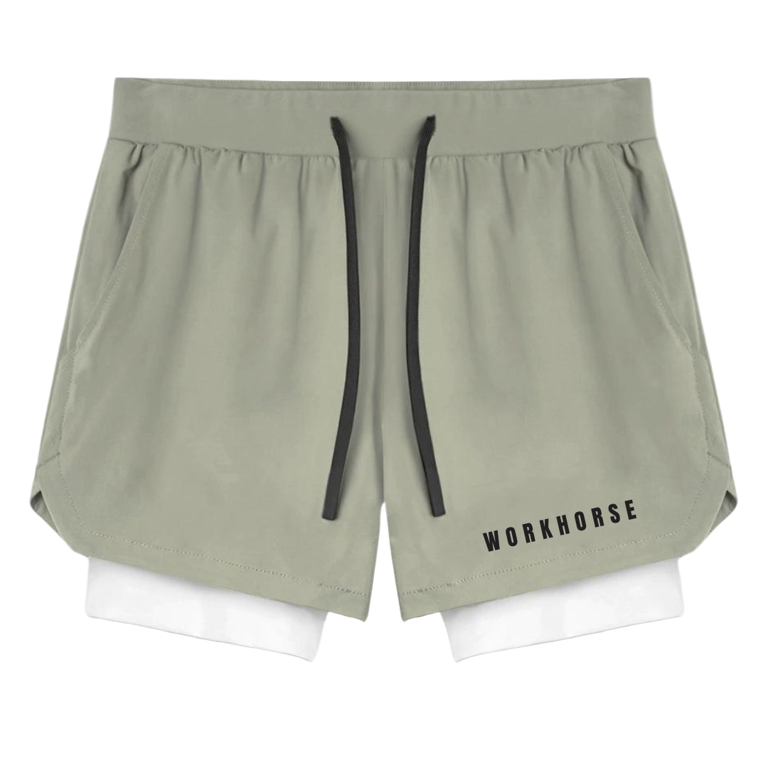 Dark beige athletic shorts with white lining and 'Workhorse' branding on a white background