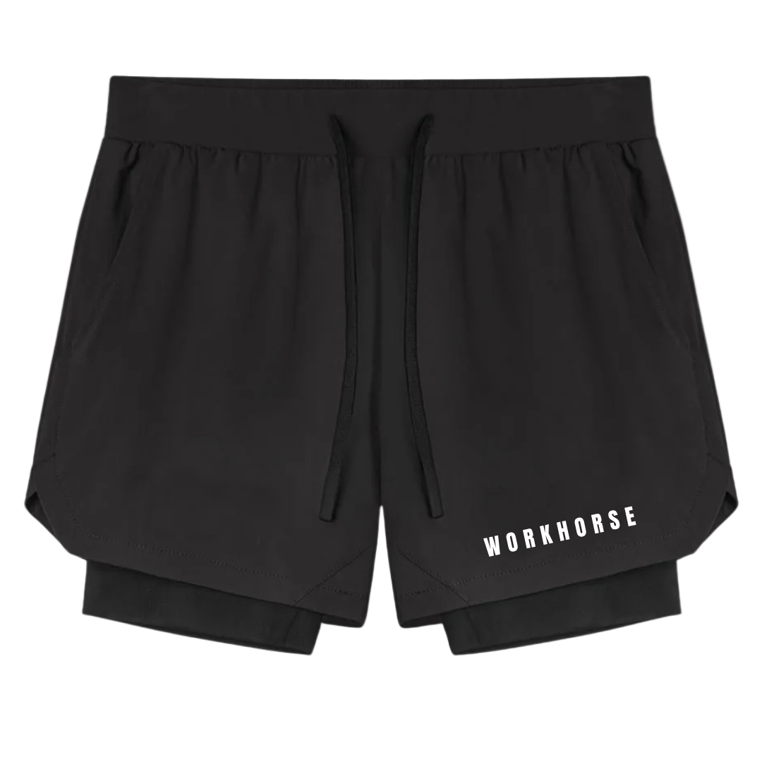 Black shorts with 'WORKHORSE' branding on a white background