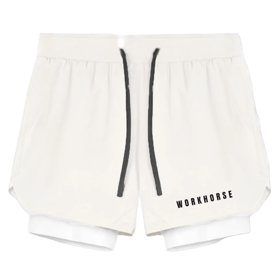 White shorts with black drawstrings and 'Workhorse' branding on a white background