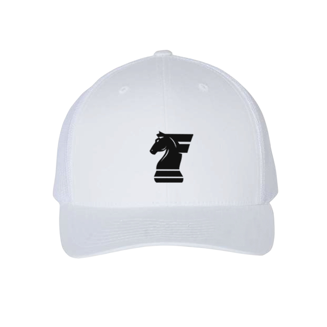 White cap with a black chess knight piece logo on a white background