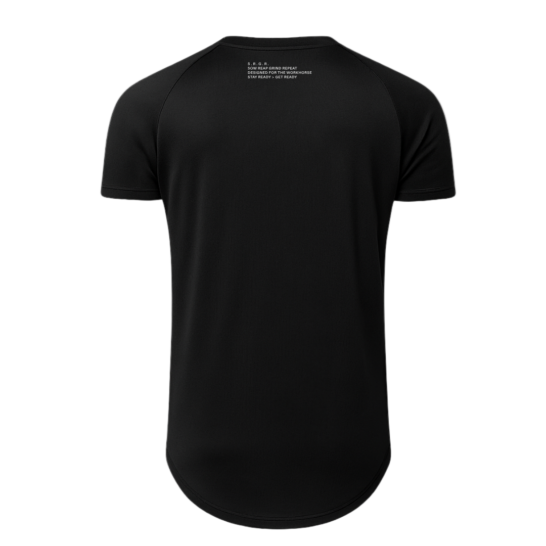 Black t-shirt with text on the back against a white background