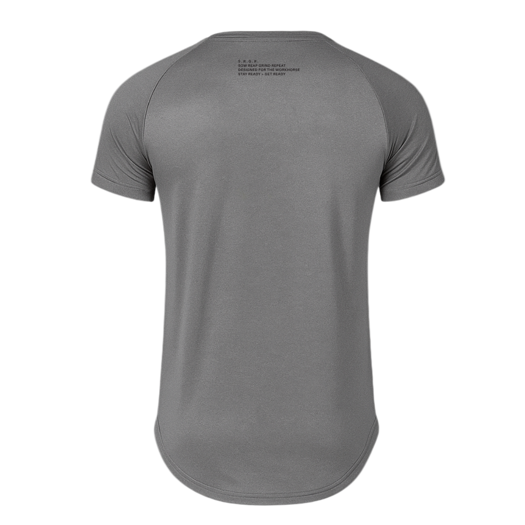 Gray t-shirt with text on the back against a white background