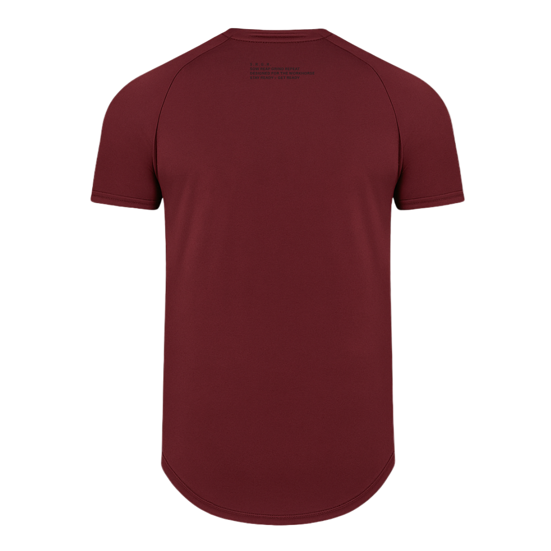 Maroon t-shirt with text on the back against a white background