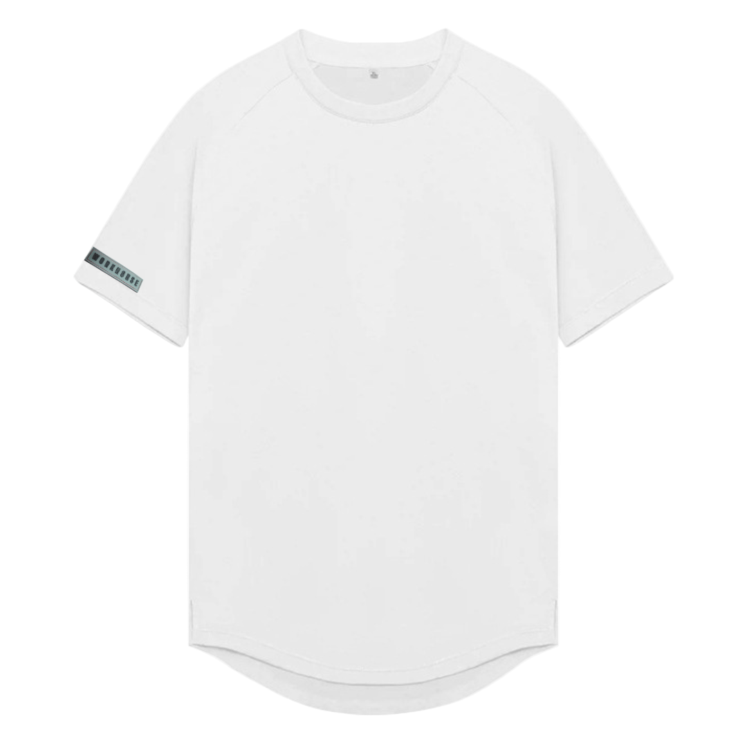 White t-shirt with a small logo on the sleeve against a white background