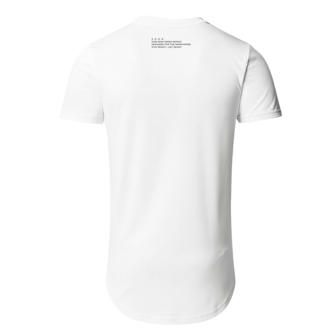 White t-shirt with text on the back against a white background