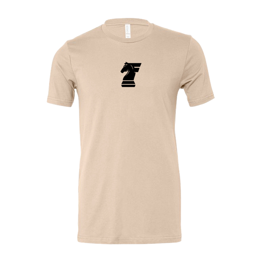Beige t-shirt with a black logo on the chest against a white background