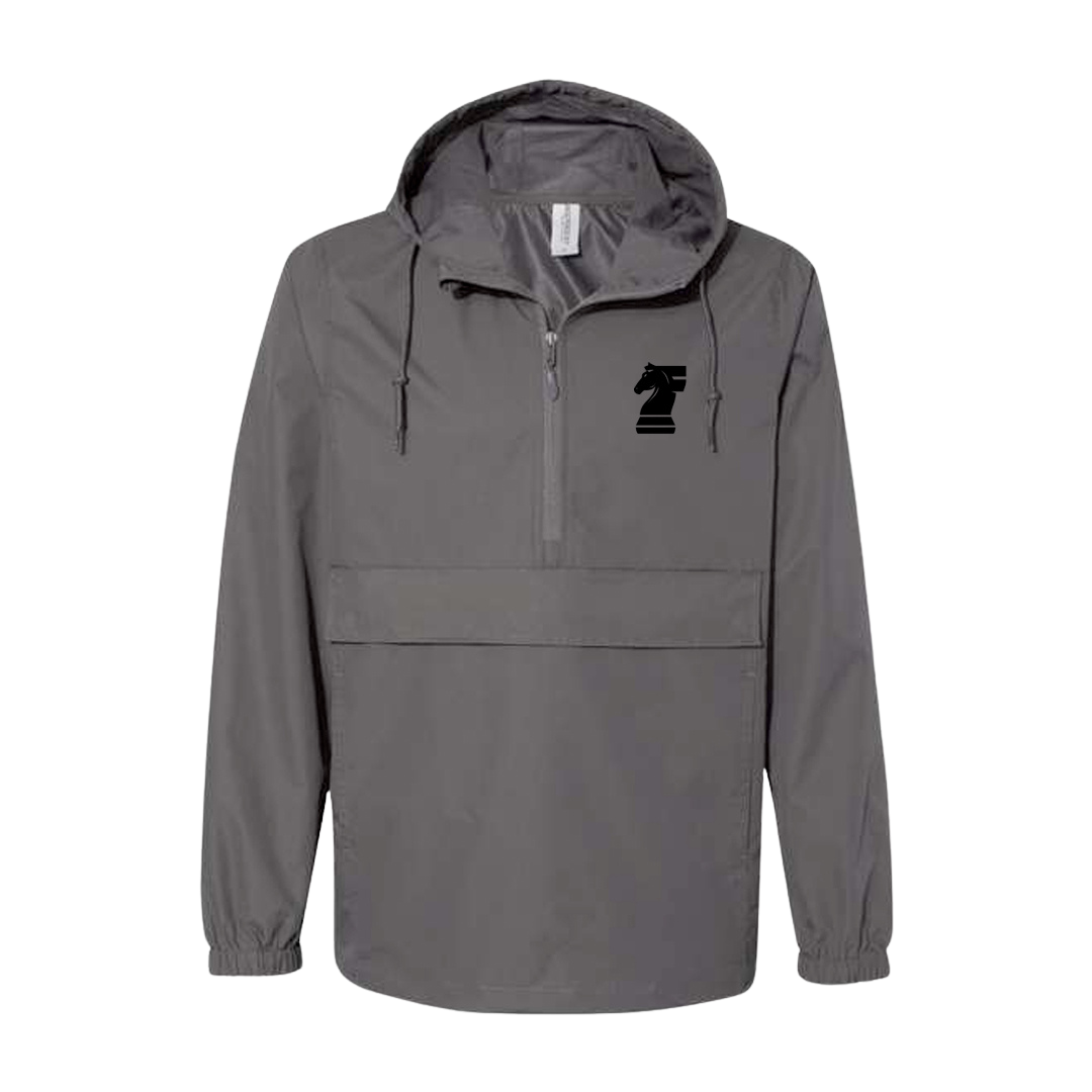 Gray hooded jacket with a logo on the chest against a white background