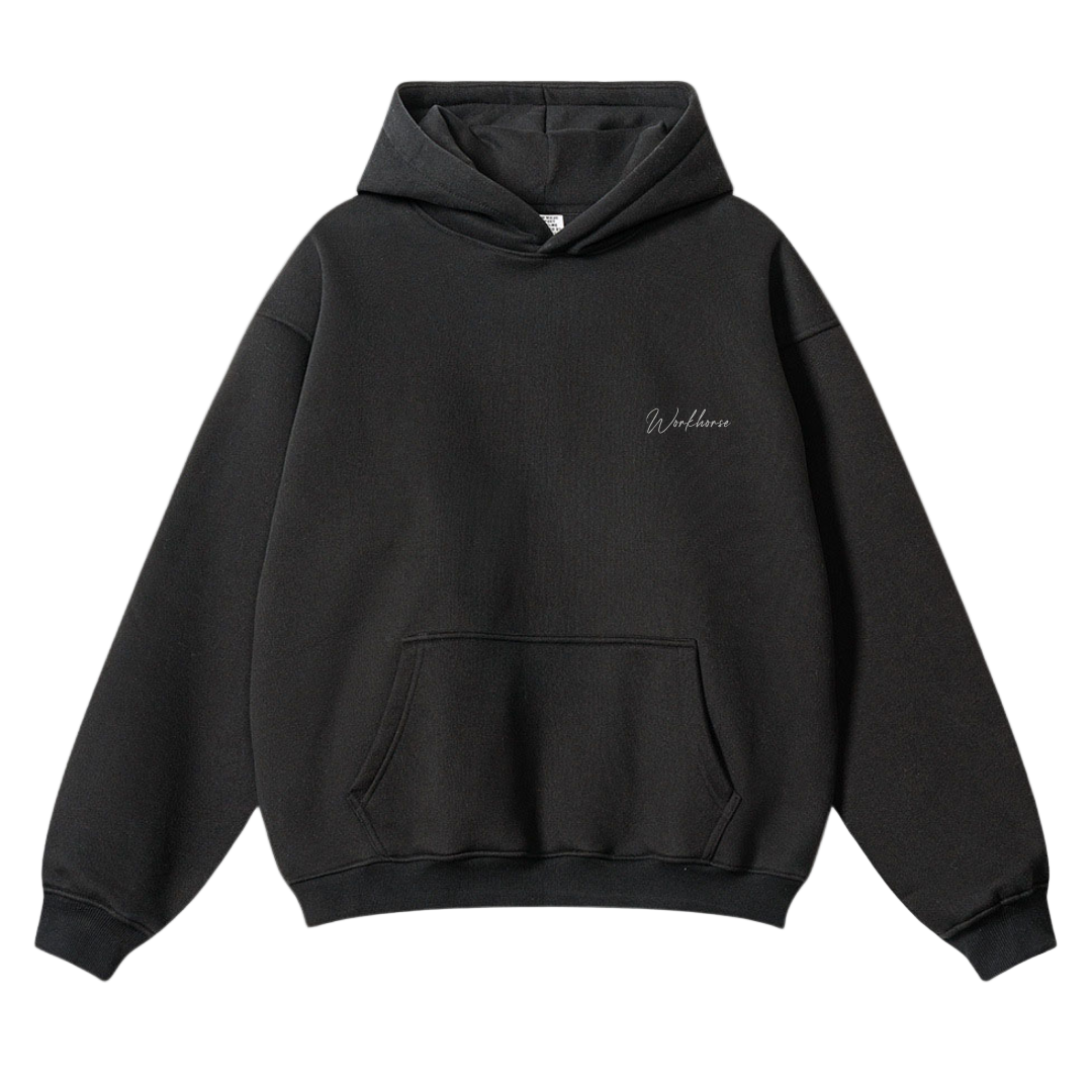 Black hoodie with a brand logo on a white background