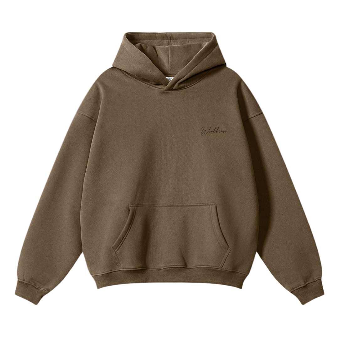 Brown hoodie with a brand logo on a white background