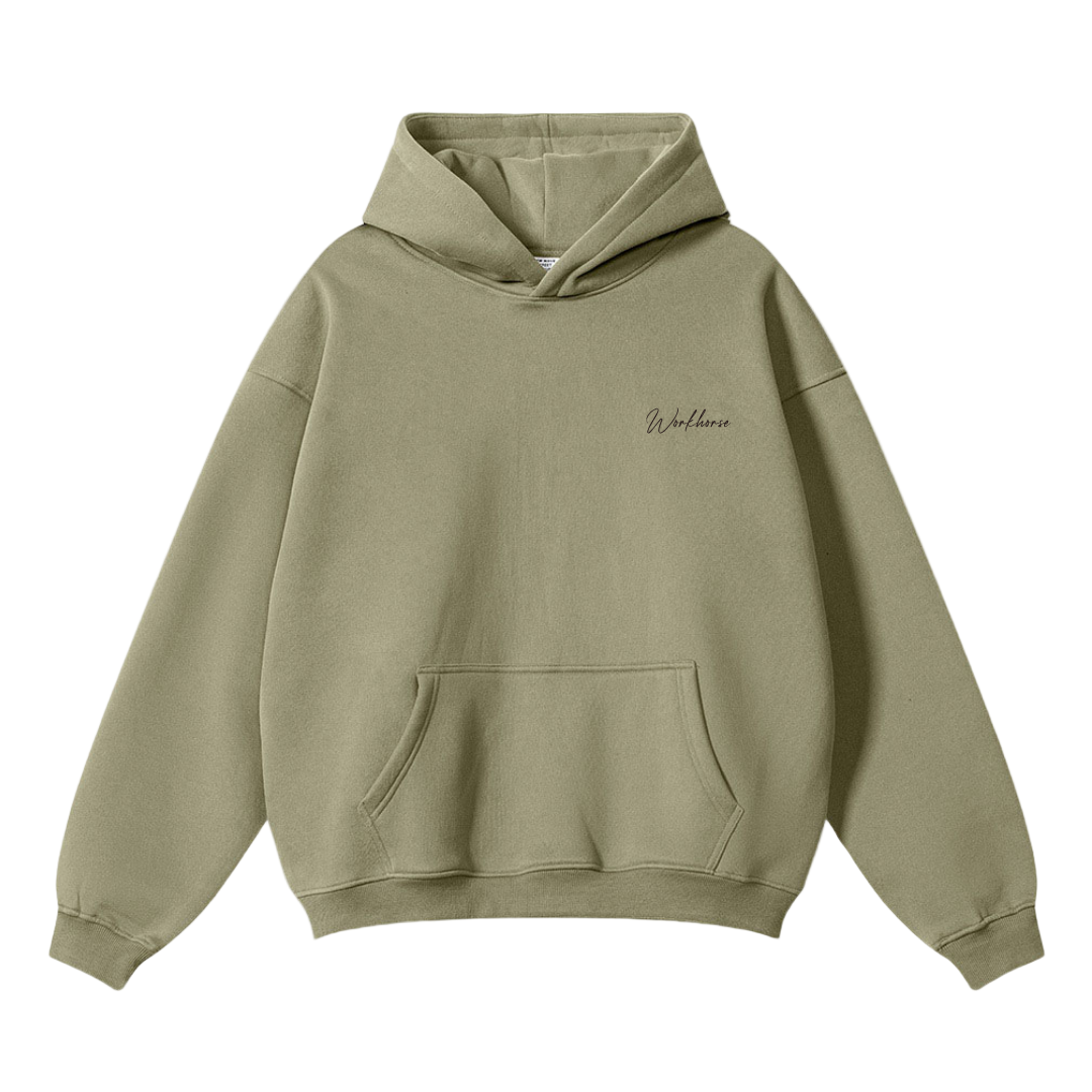 Camel hoodie with a small logo on a white background