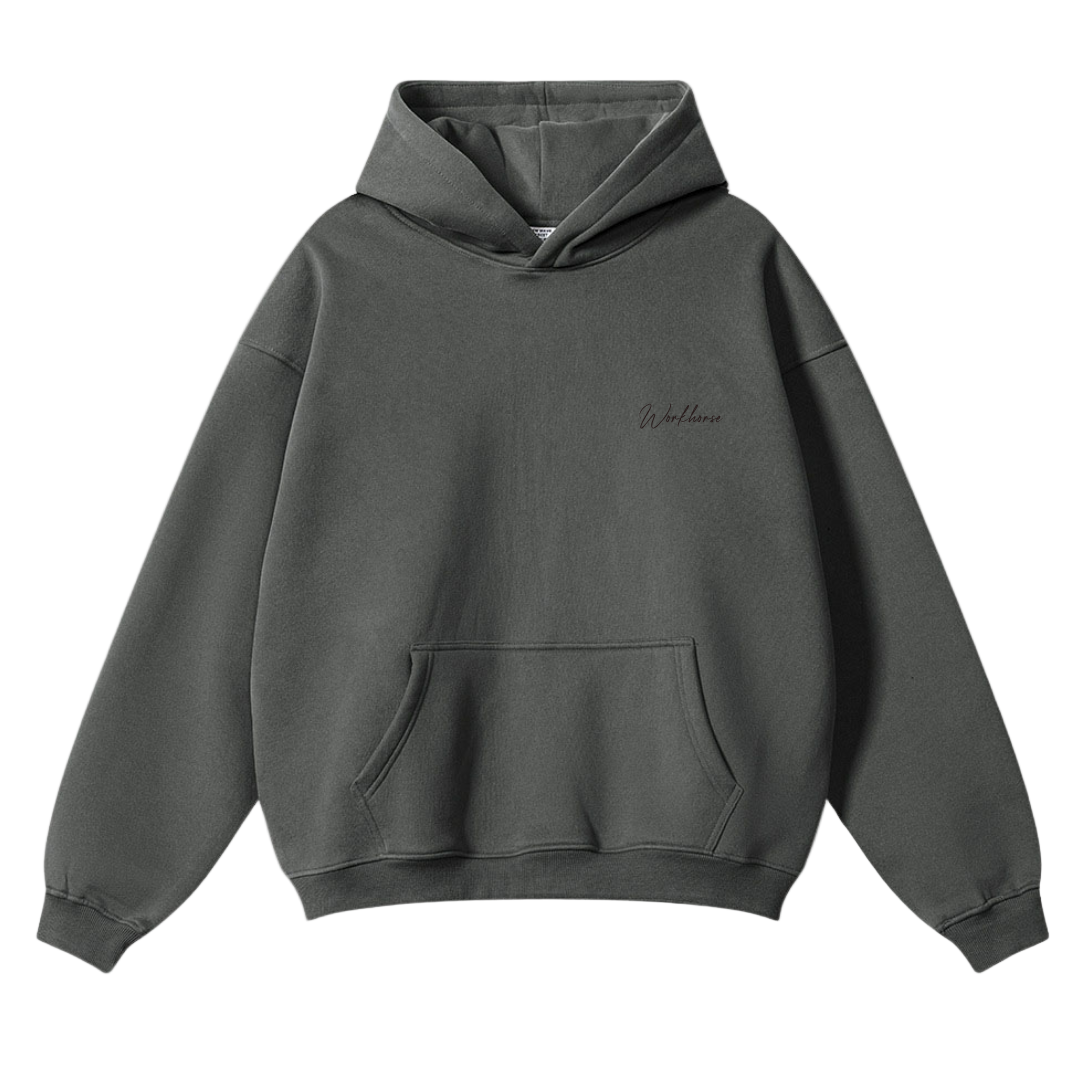 Dark gray hoodie with a small logo on a white background