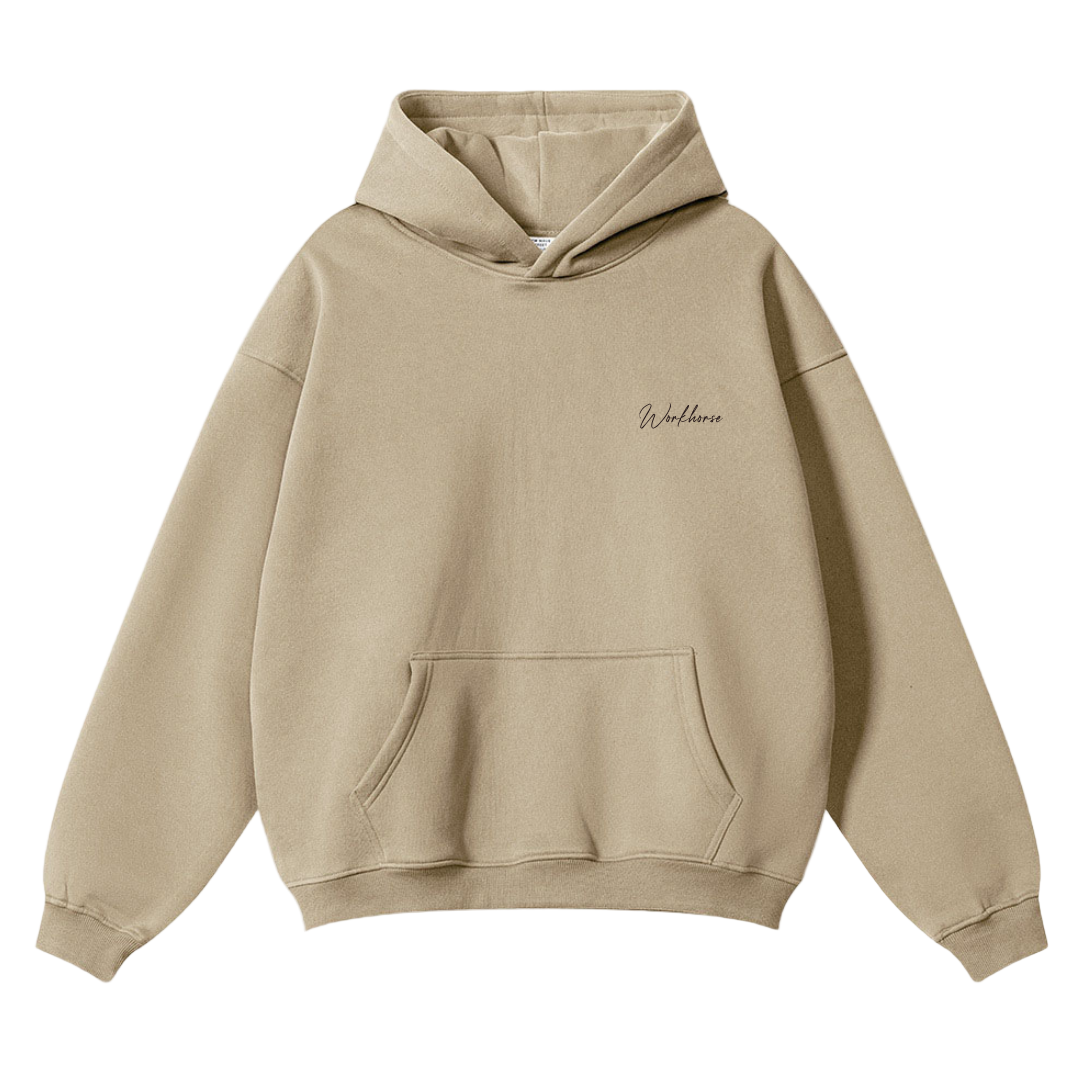 Sand hoodie with a brand logo on a white background