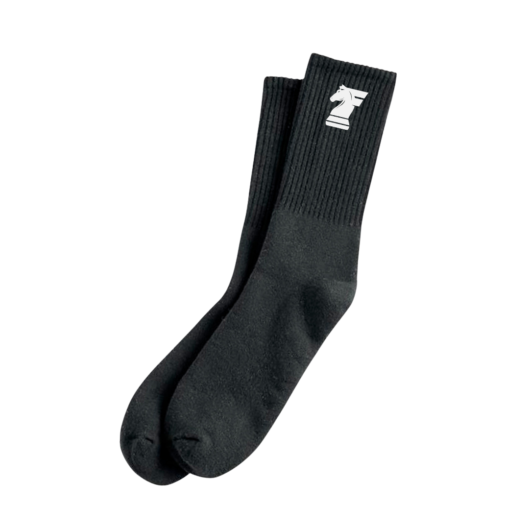 Black socks with a white logo on a white background