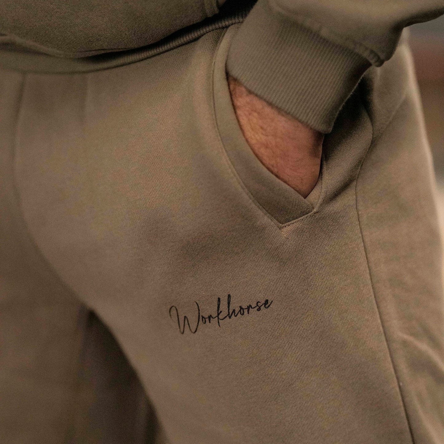 Close up of Workhorse Wide Leg Fleece Pants in color brown.