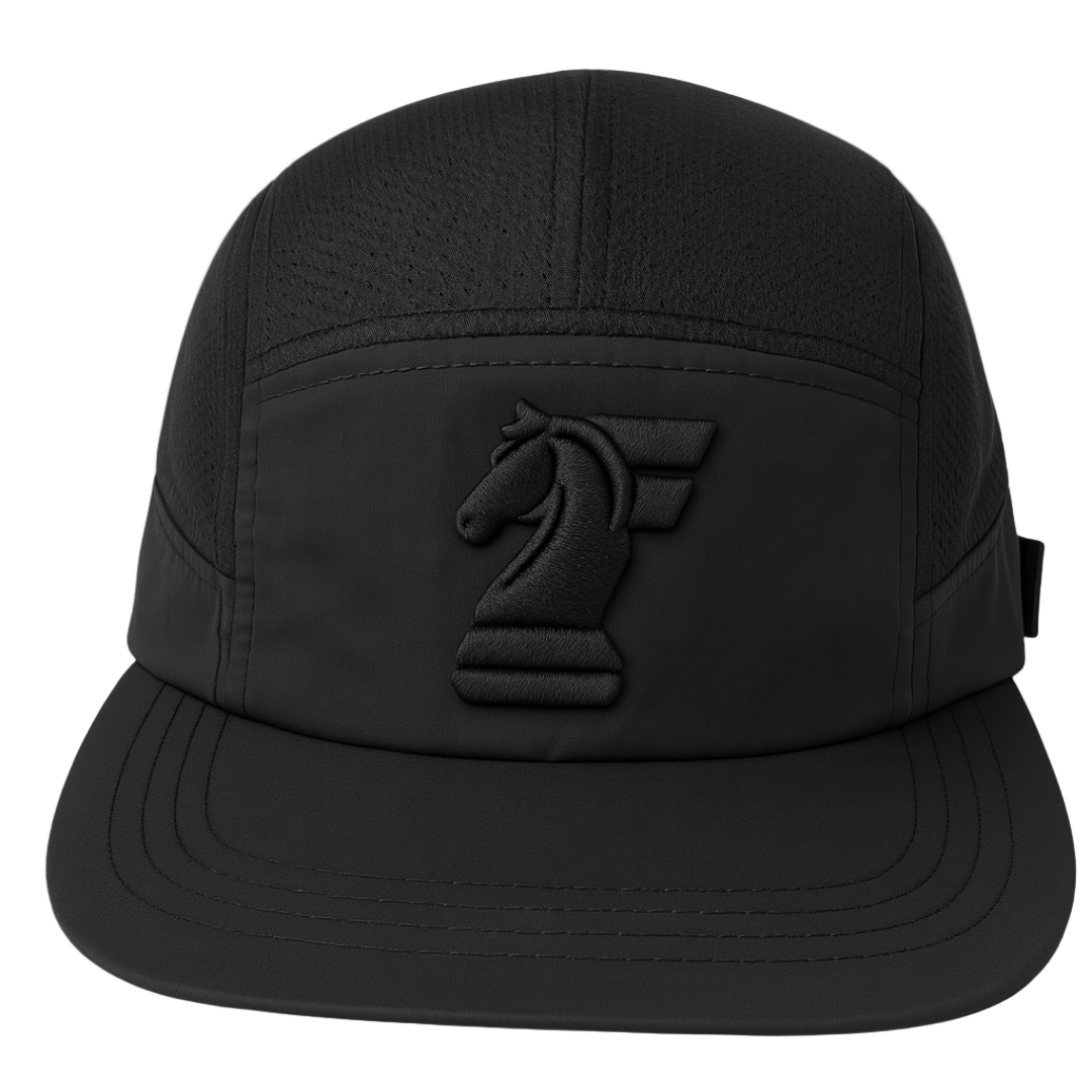 Black cap with a logo.
